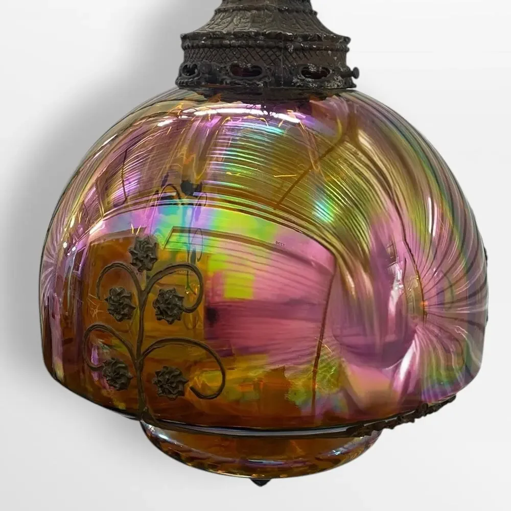 Vintage 1950s Falkenstein Style Amber Carnival Glass Hanging Swag Lamp